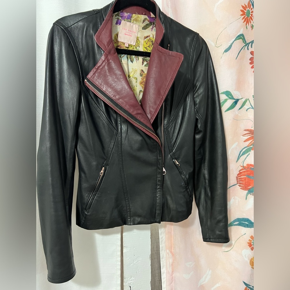Ted Baker black and maroon buttery soft leather jacket with rose gold zips!